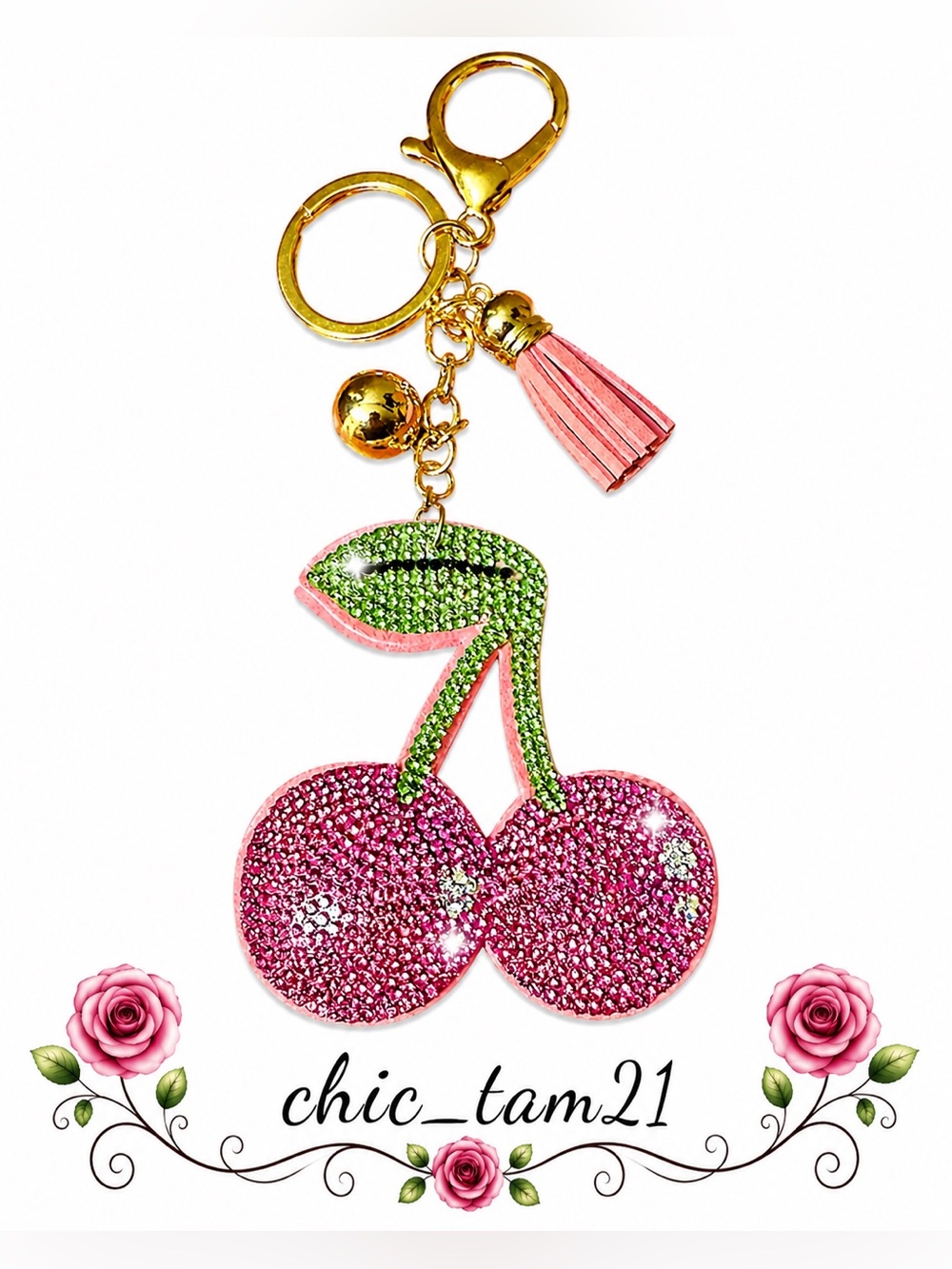 Sparkling Pink Cherry Keychain with Gold Hardware